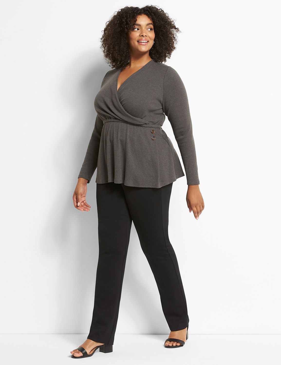 Long Sleeve Faux Wrap Knit Top With Buttons In Rib 1122633:B65 Dark Heather Grey:10/12 Product Image 3