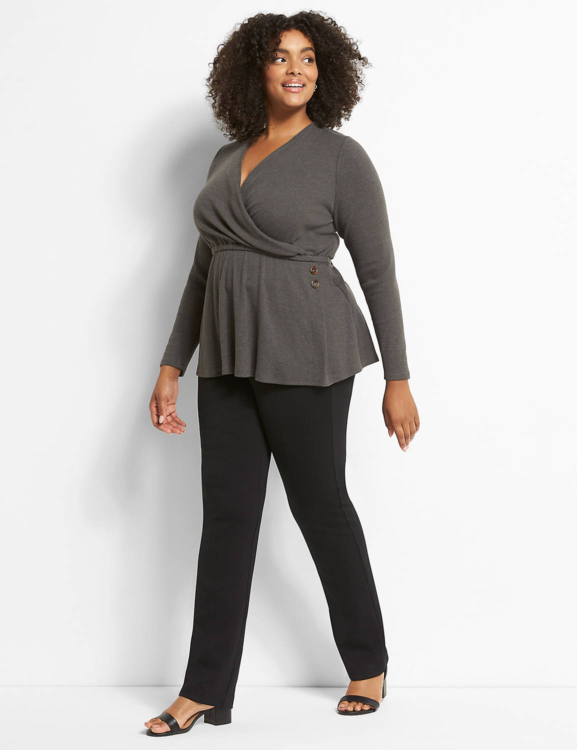 Long Sleeve Faux Wrap Knit Top With Buttons In Rib 1122633:B65 Dark Heather Grey:10/12 Product Image 3
