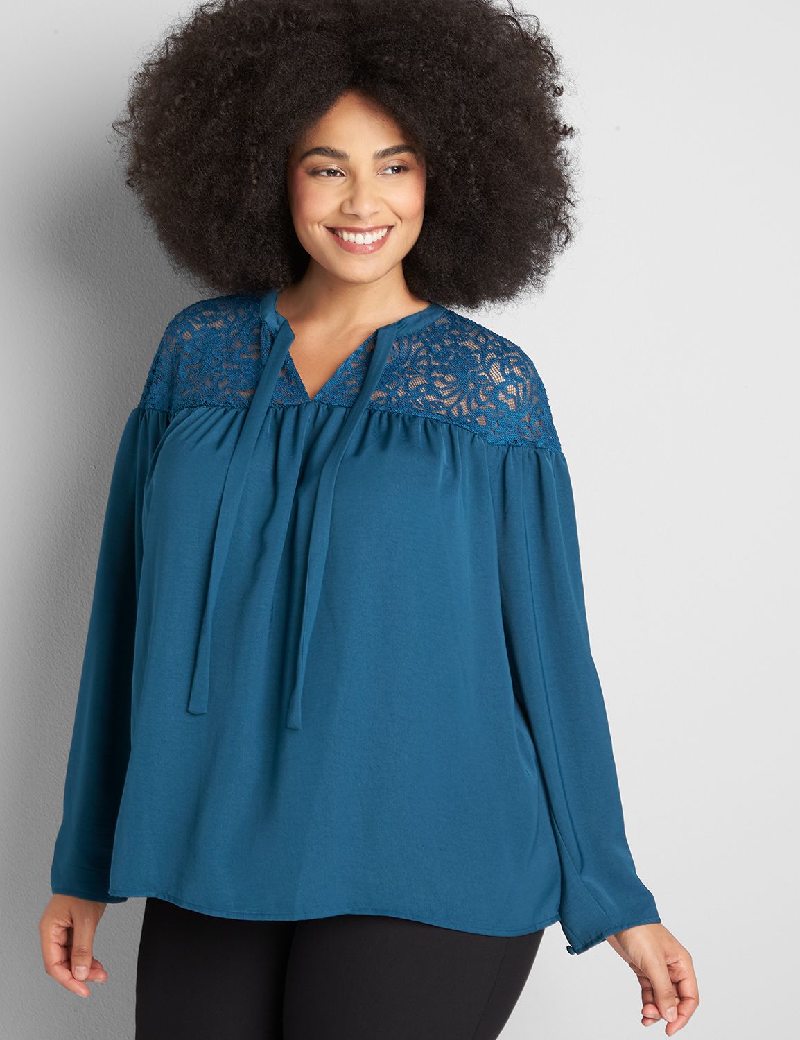 Split-Neck Lace Yoke Top