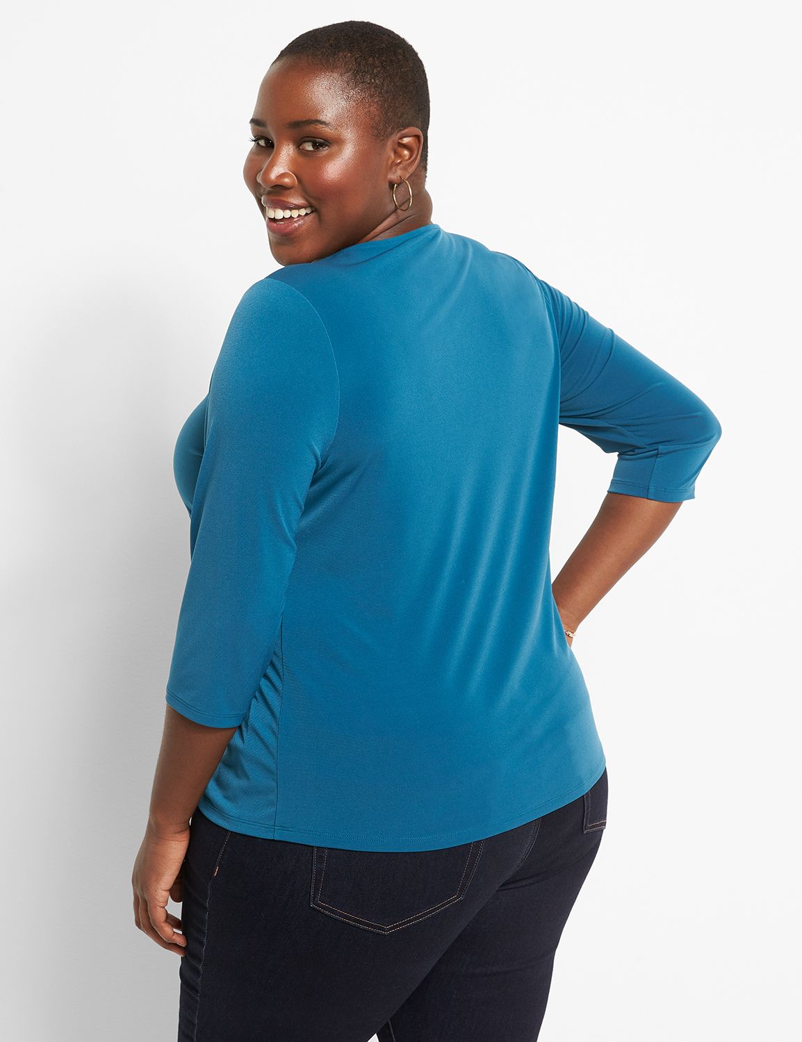 Three Quarter Sleeve V-Neck Pleat Front Top 1124111:PANTONE Legion Blue:22/24 Product Image 2