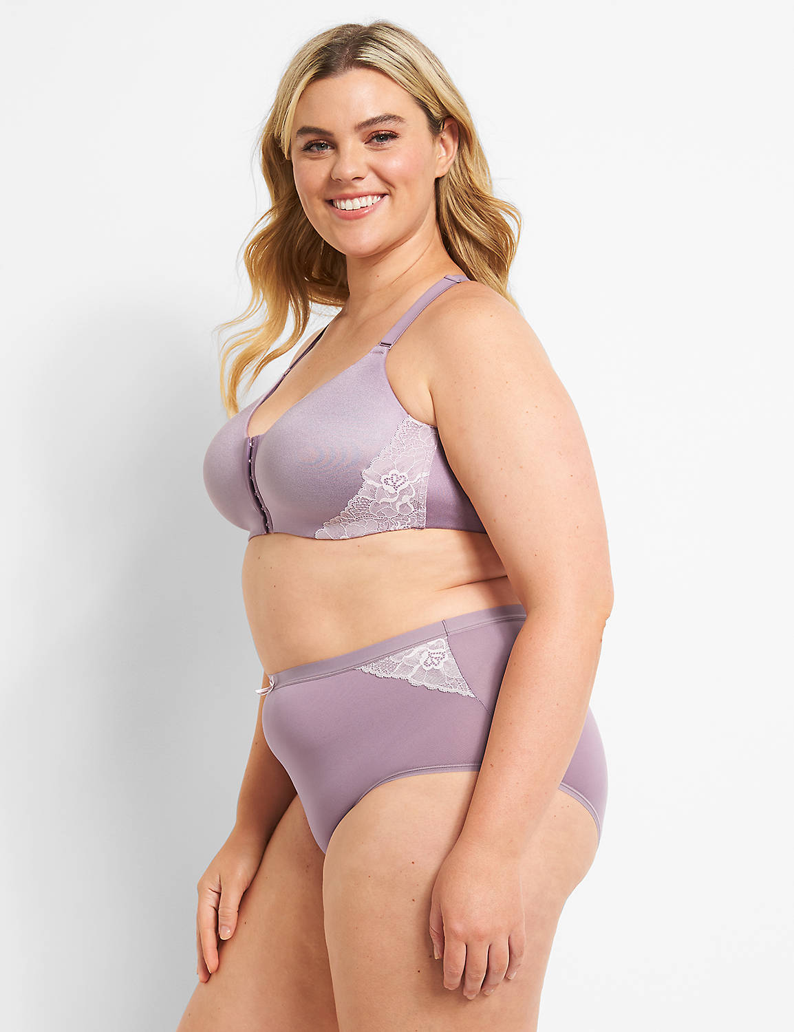 Front Close Mastectomy Bra with Modern Sister Lace 1120595-F:PANTONE Elderberry:38F Product Image 3