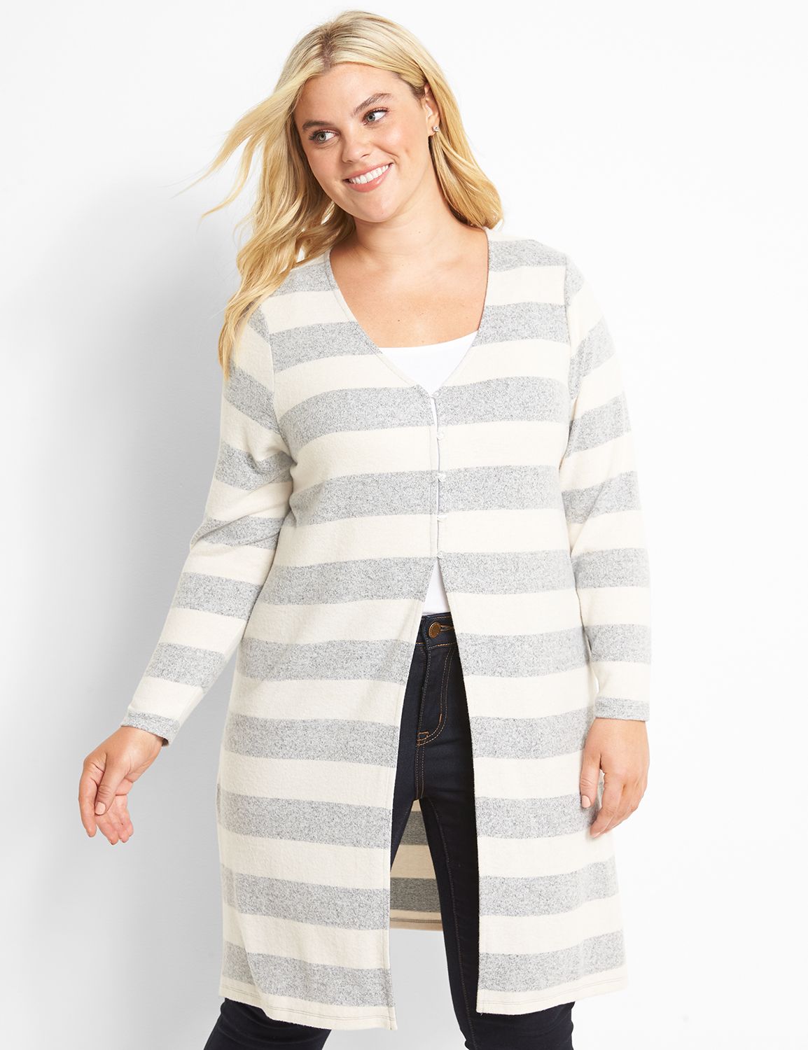 Long Sleeve Vneck Button Front Drama Knit Top 1123029:Stripe:10/12 Product Image 1