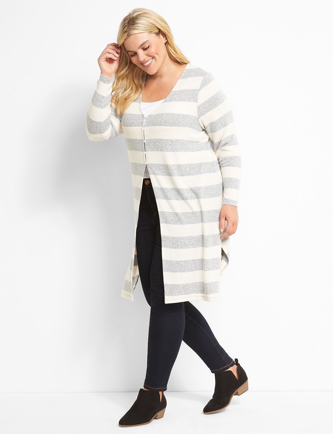 Long Sleeve Vneck Button Front Drama Knit Top 1123029:Stripe:10/12 Product Image 3