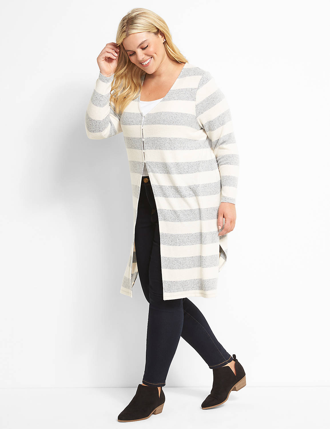 Long Sleeve Vneck Button Front Drama Knit Top 1123029:Stripe:10/12 Product Image 3