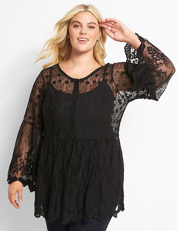 Embroidered Sheer Babydoll Top