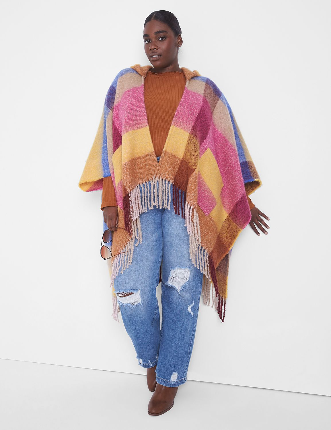 LARGE CHECK HOODED PONCHO