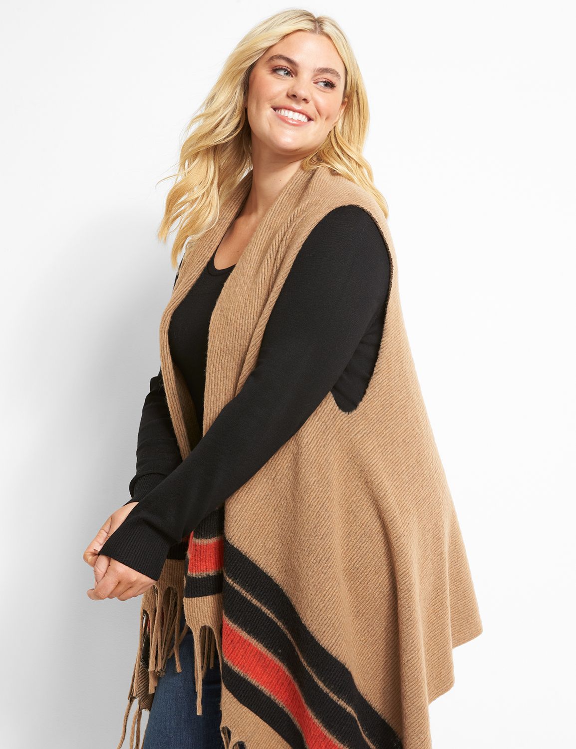 OPEN FRONT STRIPED FRINGE PONCH:AS SAMPLE:14/20 Product Image 3