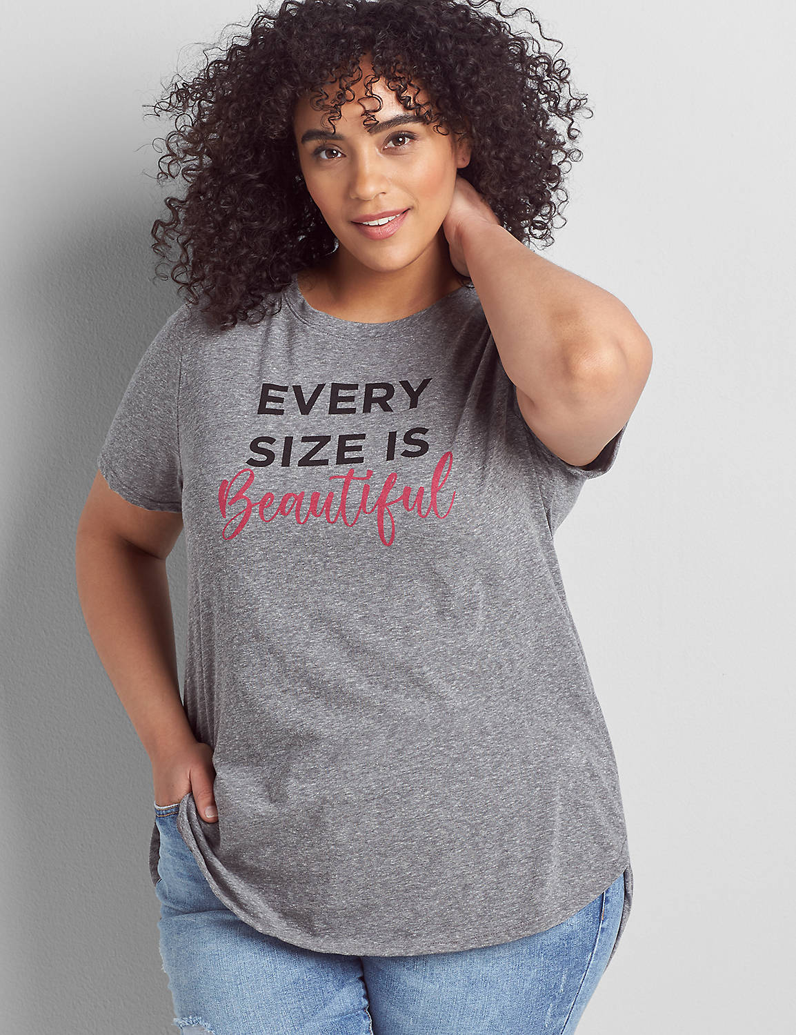 SS Crew-Neck Curved Hem HiLo Graphic: Every Size Is Beautiful 1123290:BTC30 Medium Heather Gray:14/16 Product Image 1