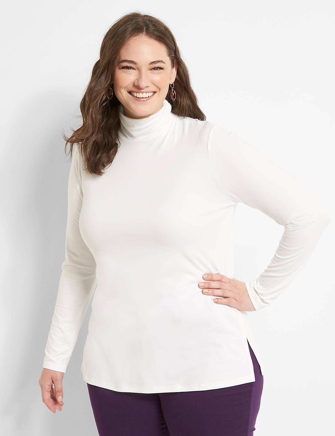 S-3X Women's Basic Mock Neck Long Sleeve Top Curved Hem Soft Knit T-Shirt Tunic
