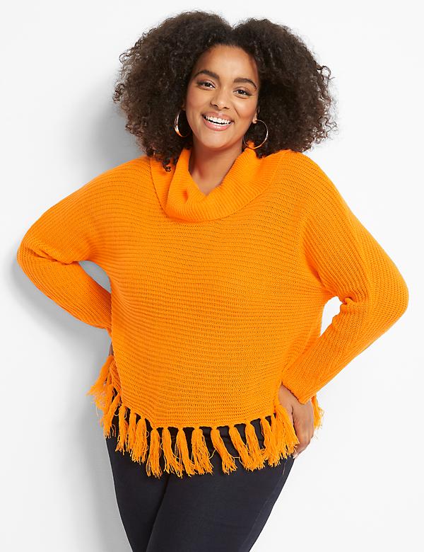 Cowl-Neck Fringe Cropped Sweater