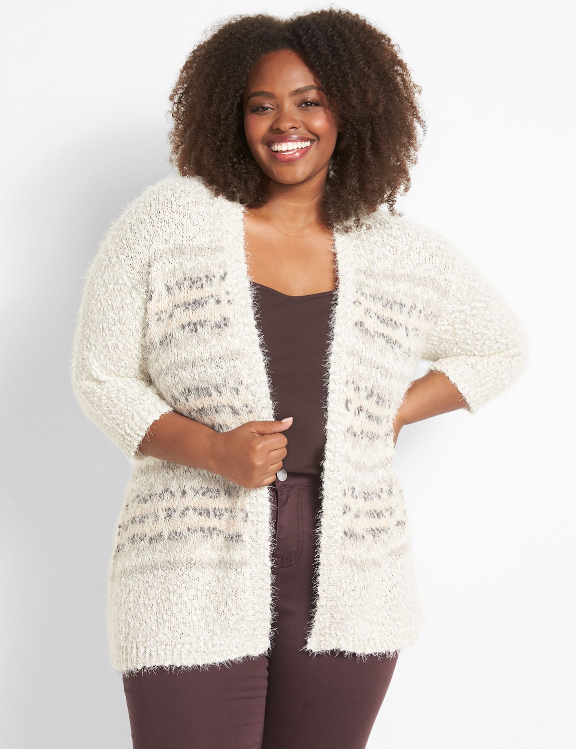 Davi & Dani Openwork Open Front Striped Cardigan