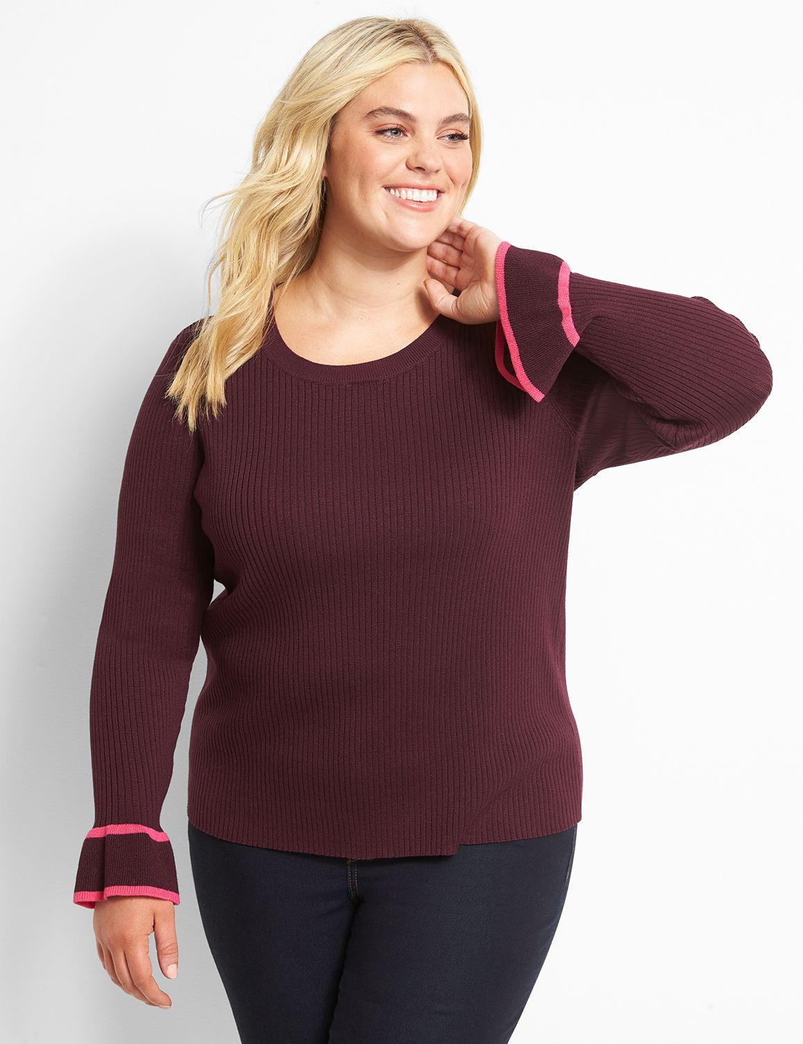Long Sleeve Crew Neck Ruffle Sleeve Pullover 1122768:PANTONE Winetasting:10/12 Product Image 1