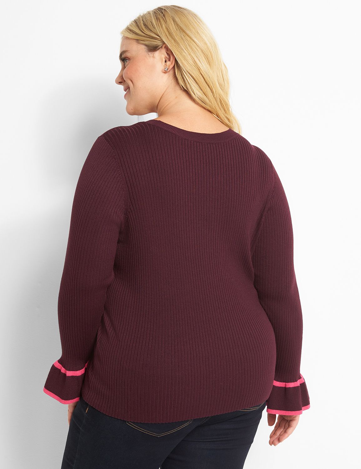 Long Sleeve Crew Neck Ruffle Sleeve Pullover 1122768:PANTONE Winetasting:10/12 Product Image 2