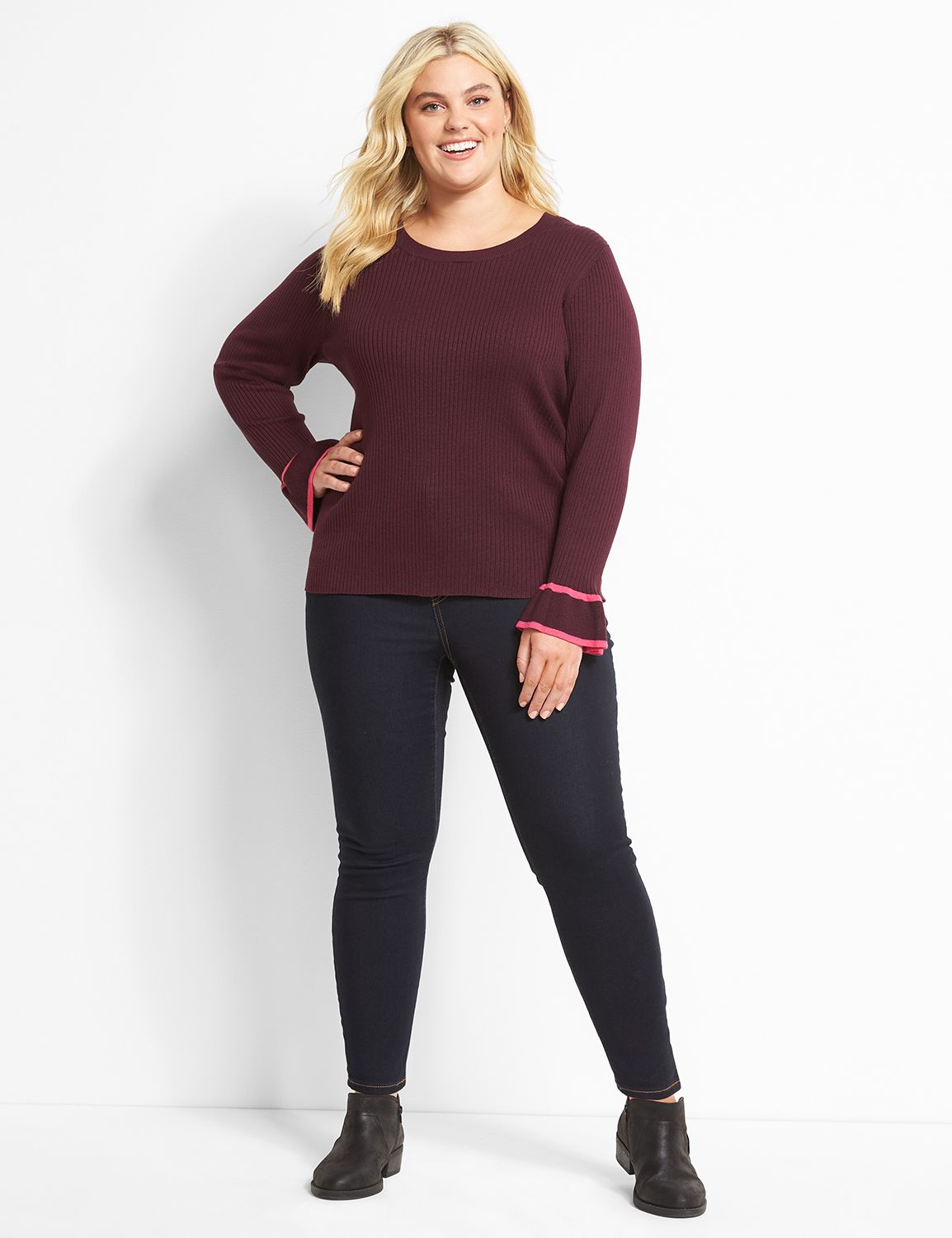 Long Sleeve Crew Neck Ruffle Sleeve Pullover 1122768:PANTONE Winetasting:10/12 Product Image 3