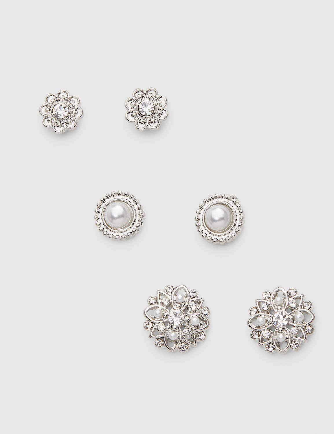 MIXED PEARL STUD 3 PK EARRINGS:Silver:ONESZ Product Image 1