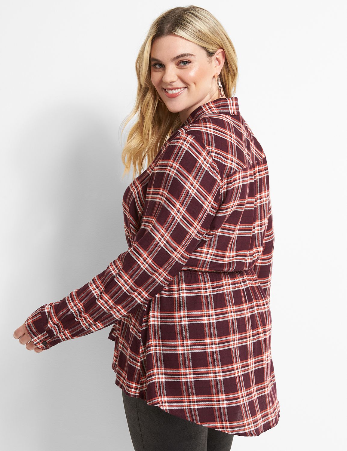 No-Peek Button-Front Plaid Elastic-Waist Top Product Image 2