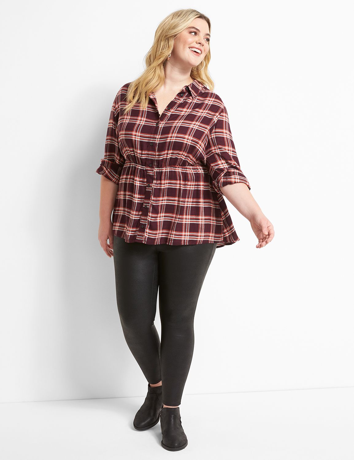 No-Peek Button-Front Plaid Elastic-Waist Top Product Image 3