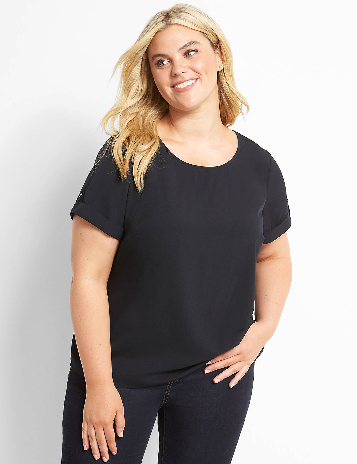 Short Sleeve Roll Cuff Crew Neck Top 1122473:Ascena Black:14 Product Image 1