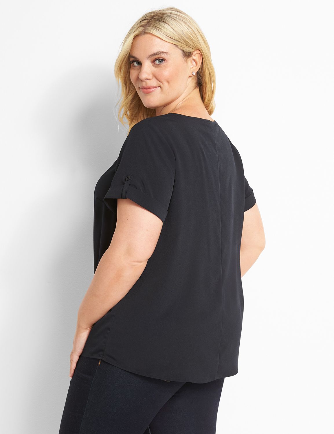 Short Sleeve Roll Cuff Crew Neck Top 1122473:Ascena Black:14 Product Image 2