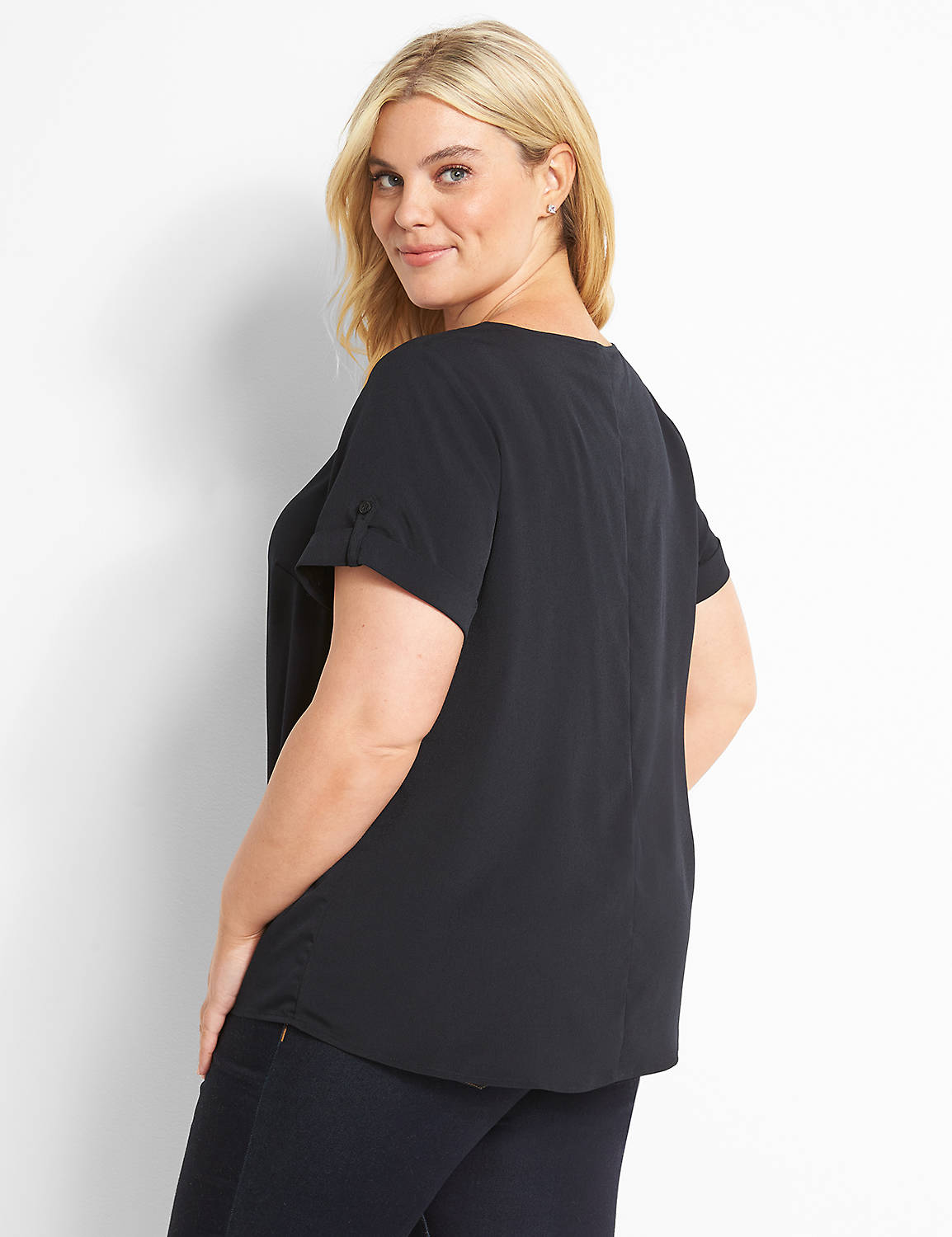 Short Sleeve Roll Cuff Crew Neck Top 1122473:Ascena Black:14 Product Image 2