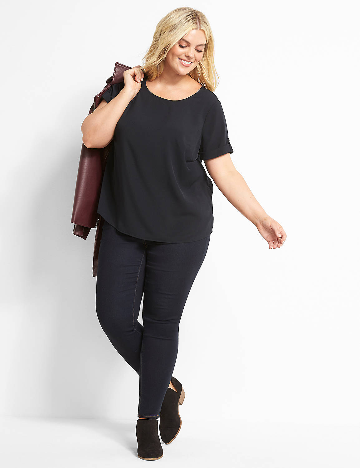 Short Sleeve Roll Cuff Crew Neck Top 1122473:Ascena Black:14 Product Image 3
