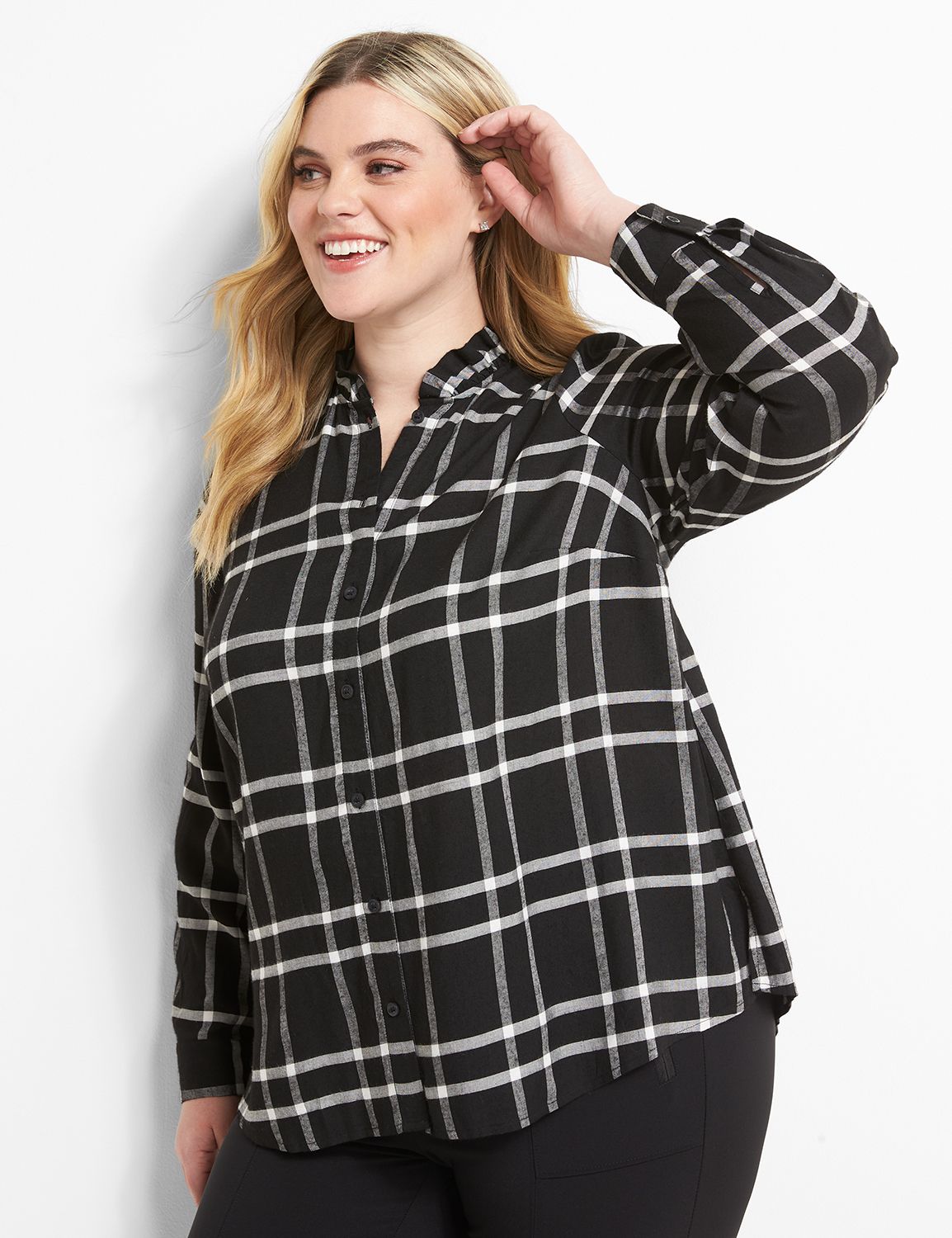 No-Peek Ruffle-Neck Plaid Blouse Product Image 1