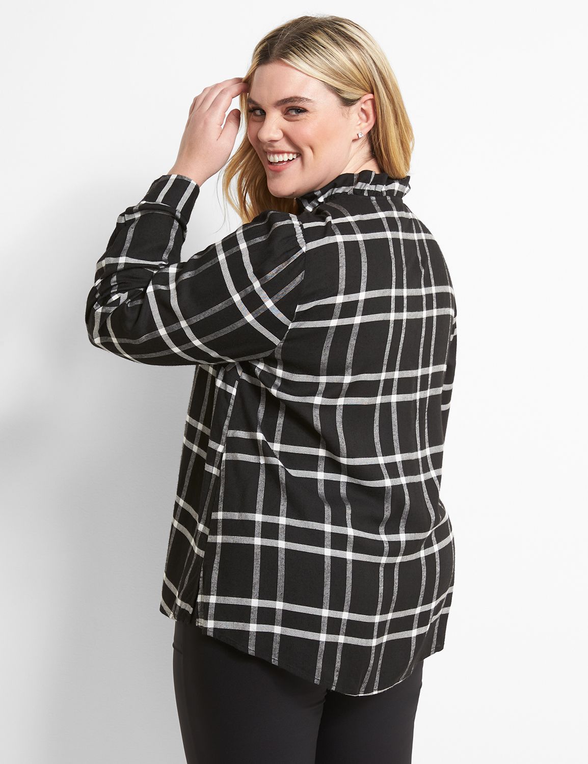 No-Peek Ruffle-Neck Plaid Blouse Product Image 2