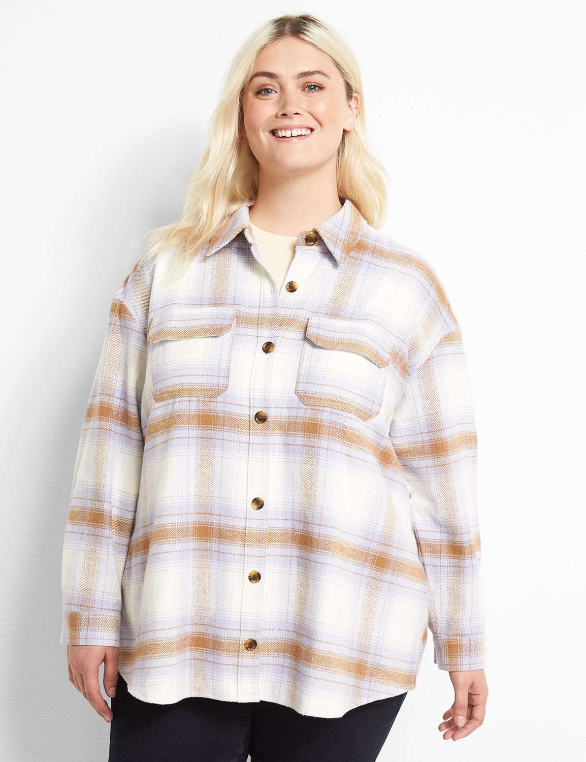 Button-Front Plaid Shacket | LaneBryant
