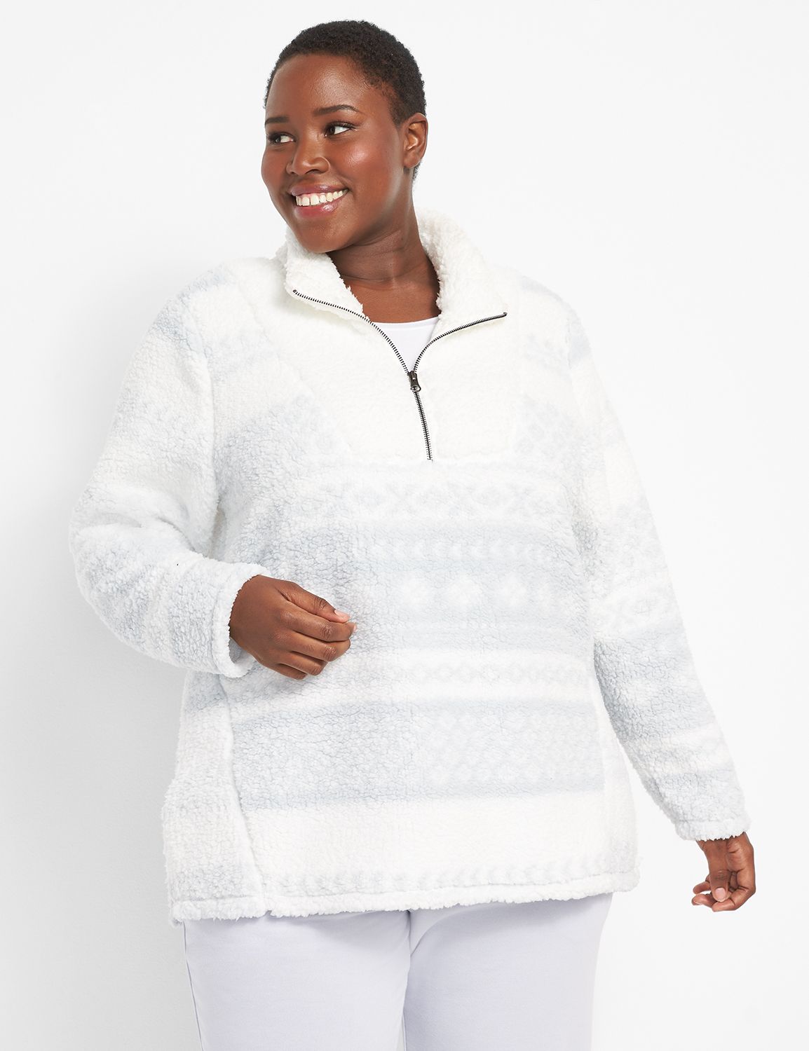 white teddy sweater half zip