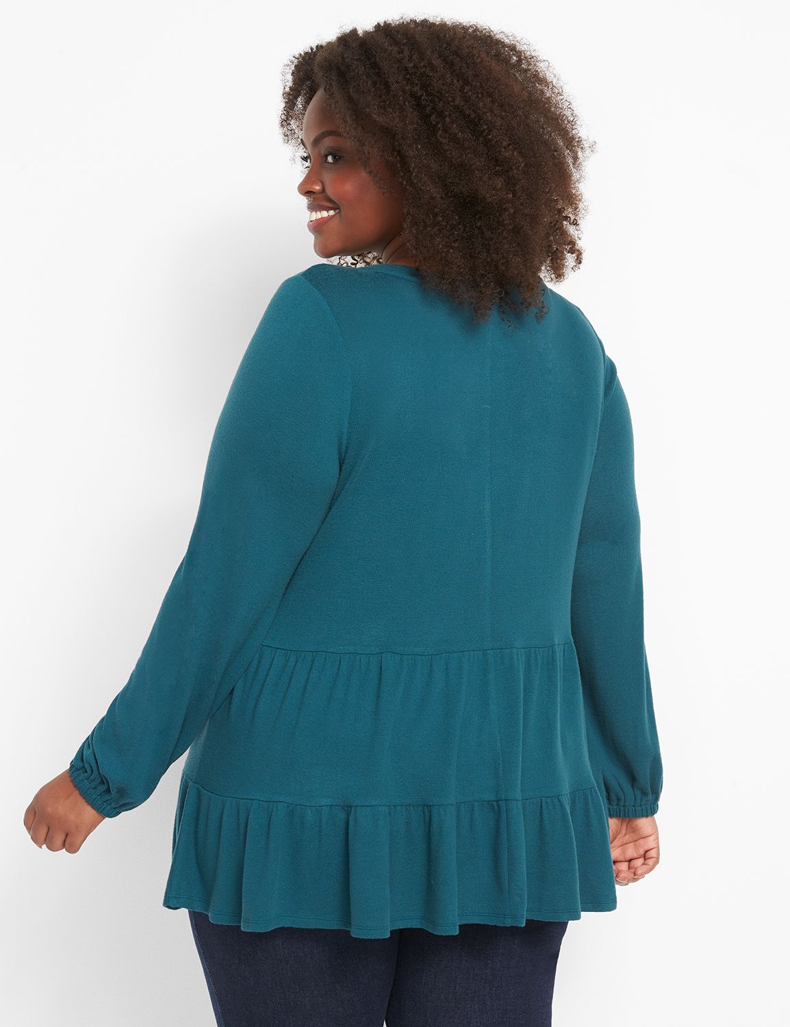Long Blouson Sleeve Scoop Neck Tiered Babydoll Knit Top 1124065:PANTONE Deep Teal:34/36 Product Image 2