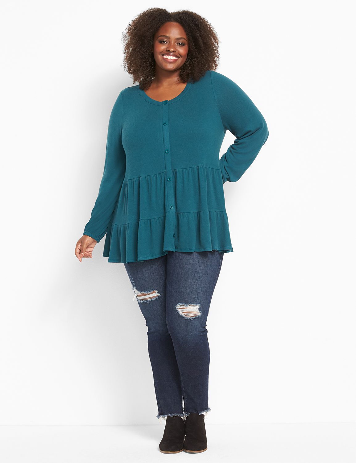 Long Blouson Sleeve Scoop Neck Tiered Babydoll Knit Top 1124065:PANTONE Deep Teal:34/36 Product Image 3