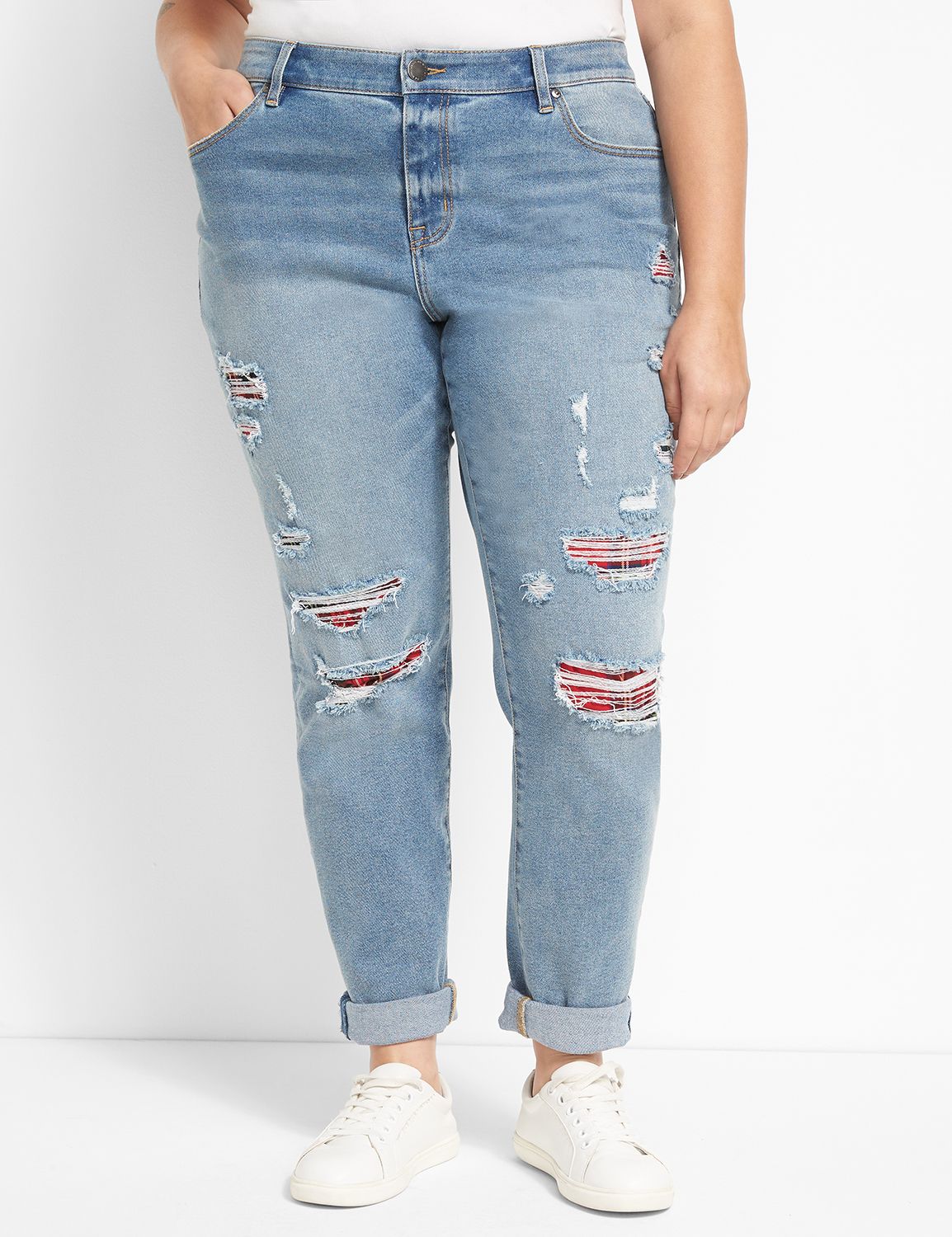 Signature Fit Boyfriend Jean - Destructed Plaid-Backed Medium Wash Product Image 1