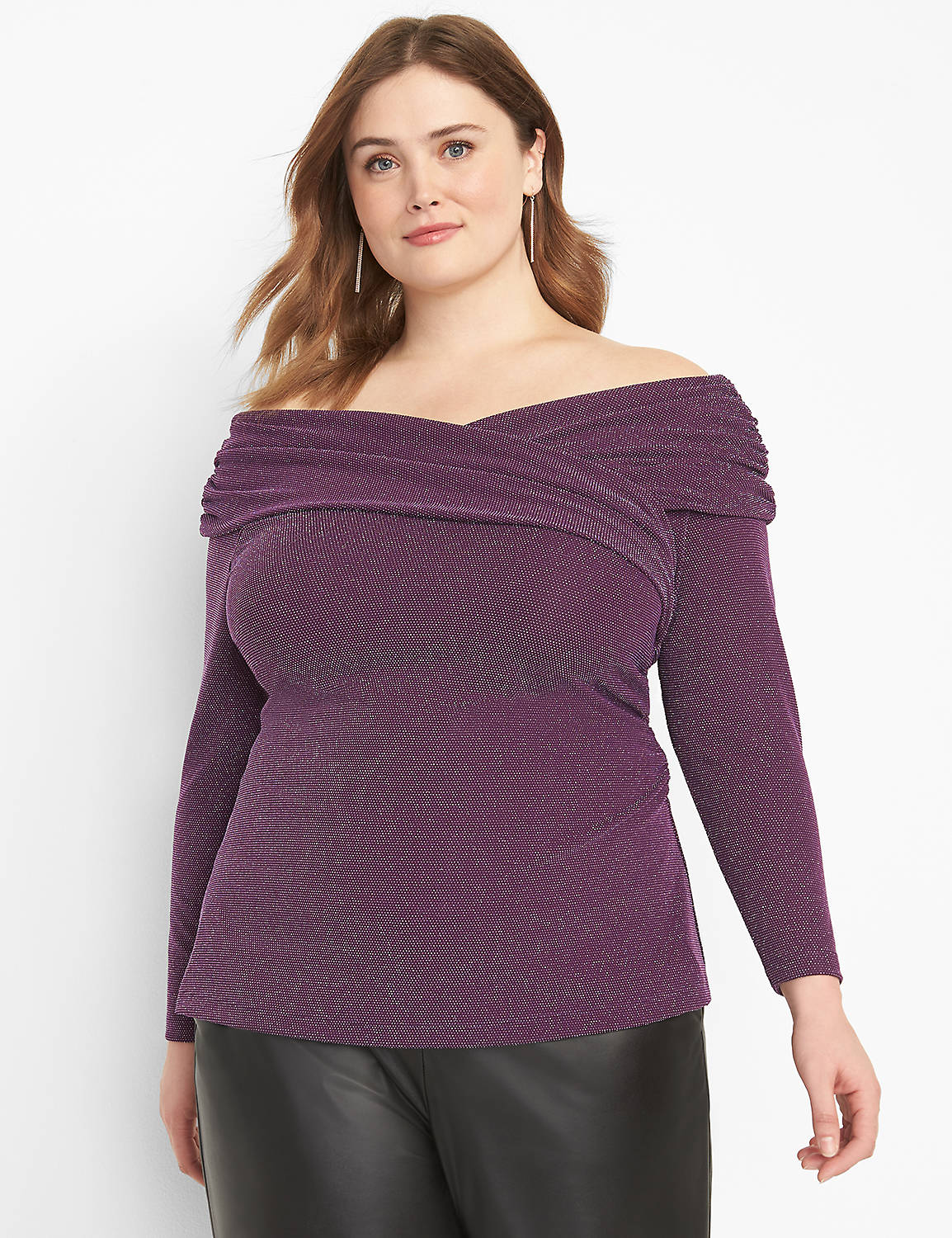 Long Sleeve Off The Shoulder Illusion Silver Lurex Knit Top 1124073:PANTONE Purple Pennant:14/16 Product Image 1