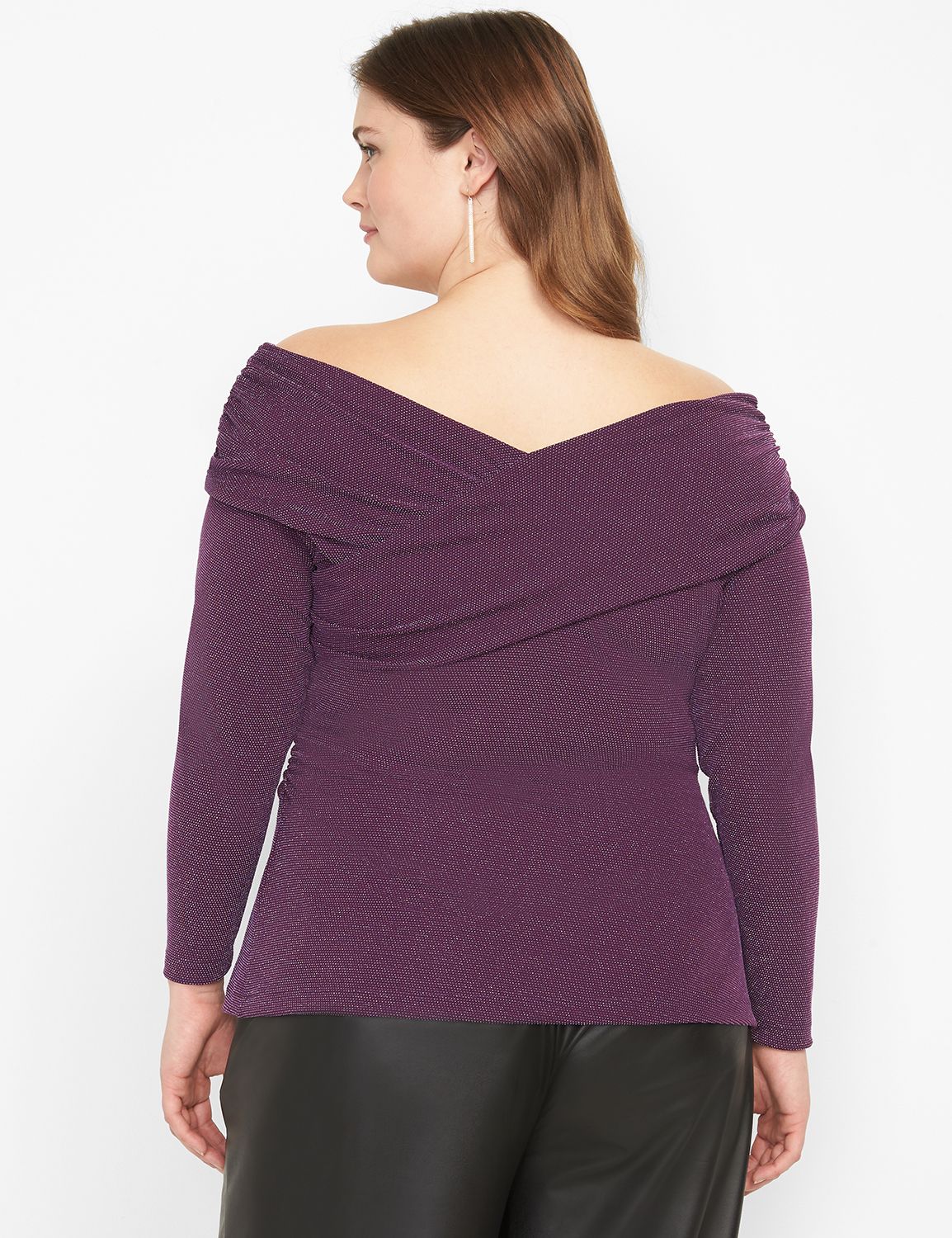 Long Sleeve Off The Shoulder Illusion Silver Lurex Knit Top 1124073:PANTONE Purple Pennant:14/16 Product Image 2