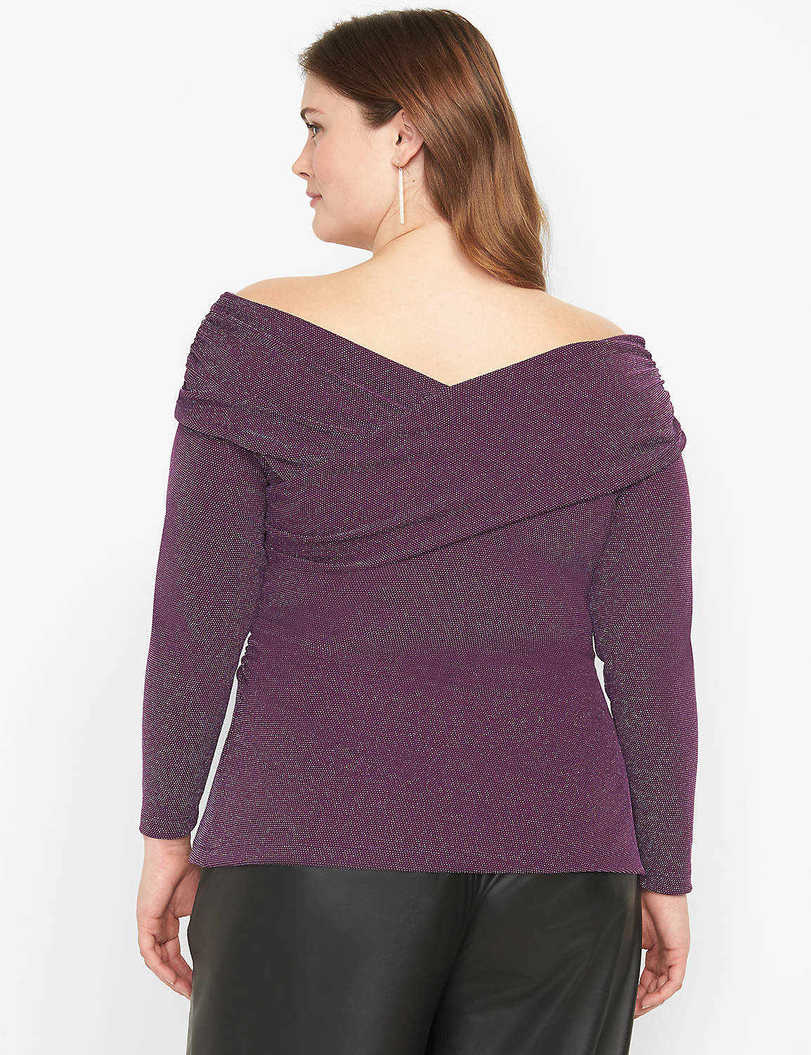 Long Sleeve Off The Shoulder Illusion Silver Lurex Knit Top 1124073:PANTONE Purple Pennant:14/16 Product Image 2