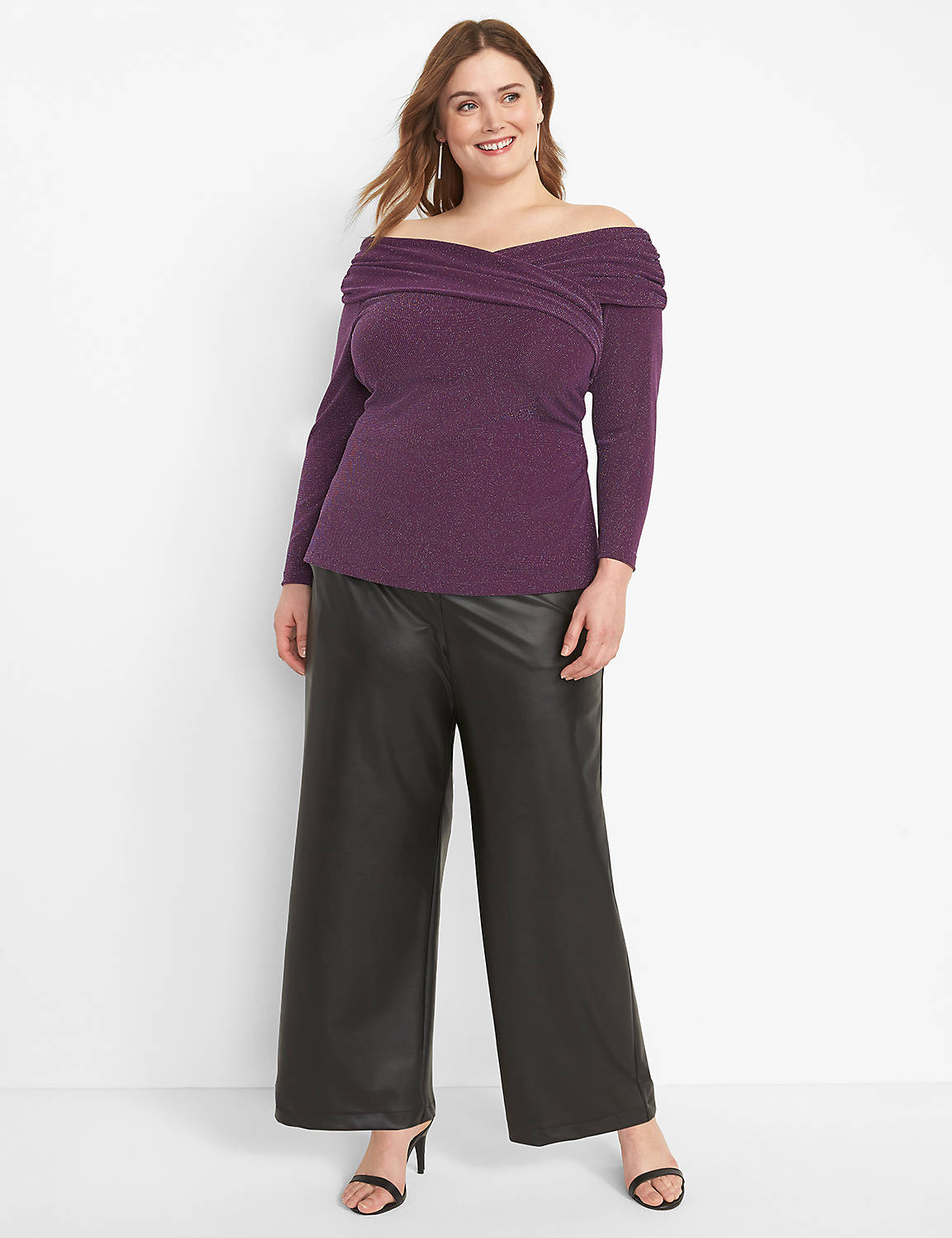 Long Sleeve Off The Shoulder Illusion Silver Lurex Knit Top 1124073:PANTONE Purple Pennant:14/16 Product Image 3
