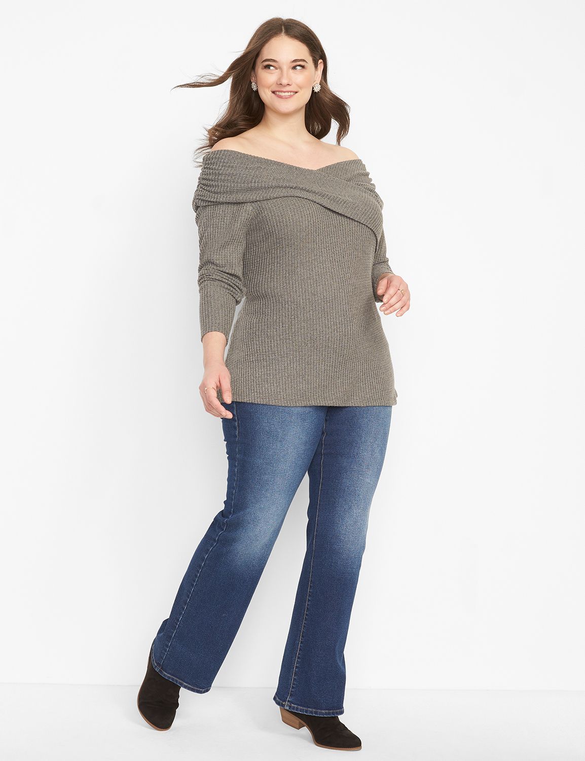 Waffle Off Shoulder Top Greys