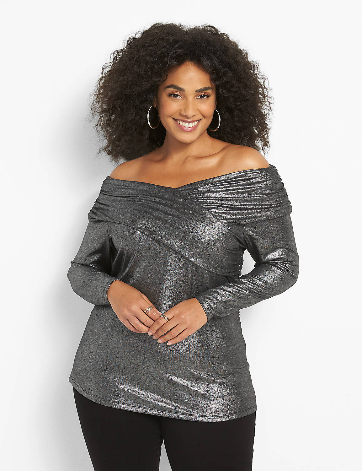 Long Sleeve Off The Shoulder Illusion In Metallic Knit Top 1124646:Metallic Grey:22/24 Product Image 1