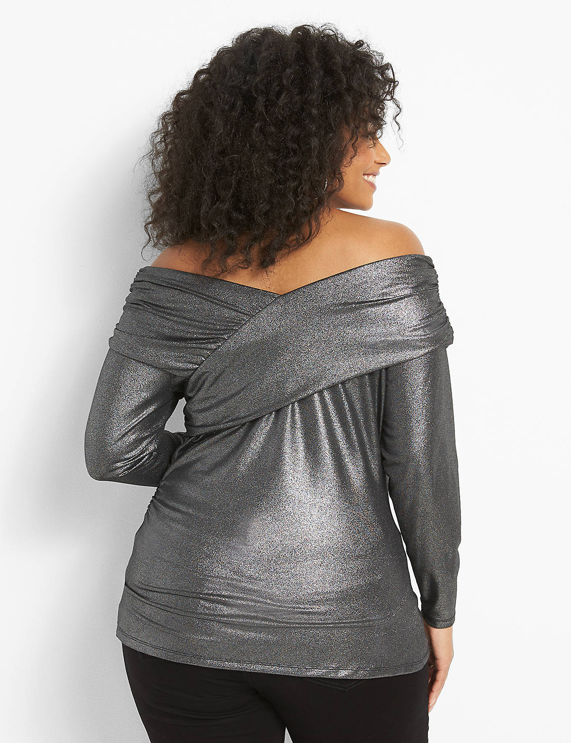 Long Sleeve Off The Shoulder Illusion In Metallic Knit Top 1124646:Metallic Grey:22/24 Product Image 2