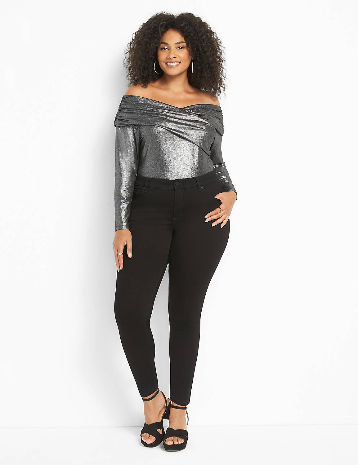 Long Sleeve Off The Shoulder Illusion In Metallic Knit Top 1124646:Metallic Grey:22/24 Product Image 3