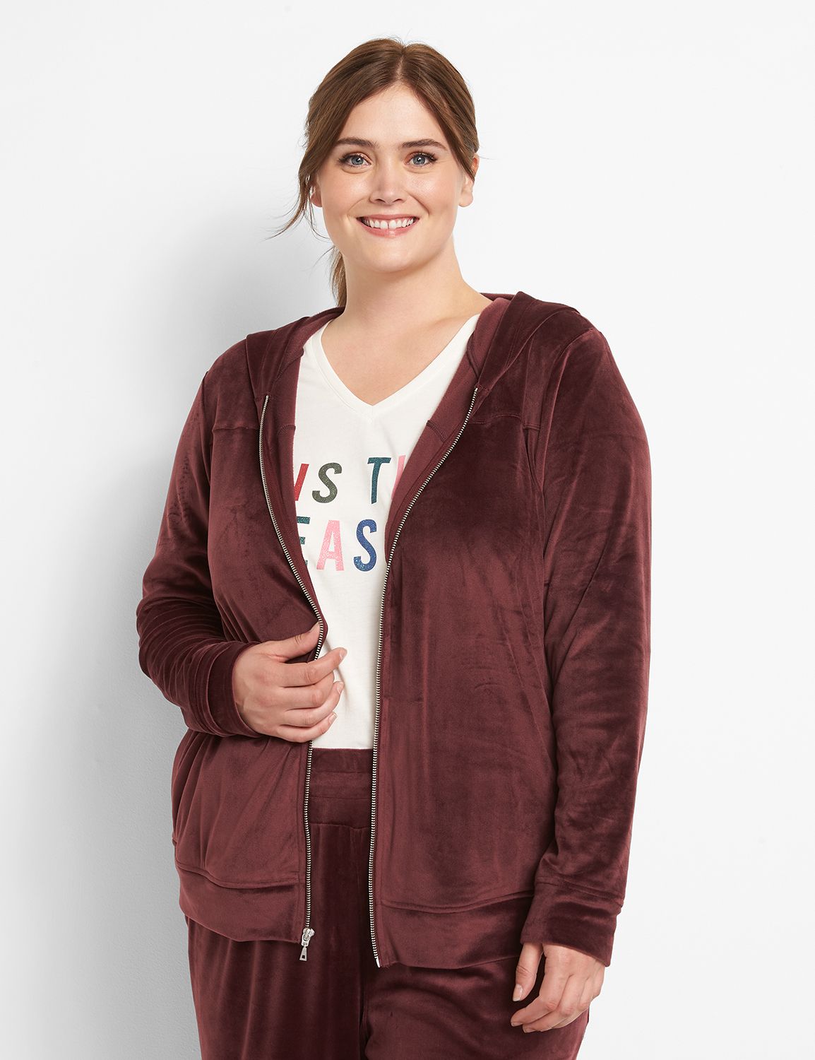 Long Sleeve Zip Front Velour Hoodie F 1123878:PANTONE Winetasting:26/28 Product Image 1
