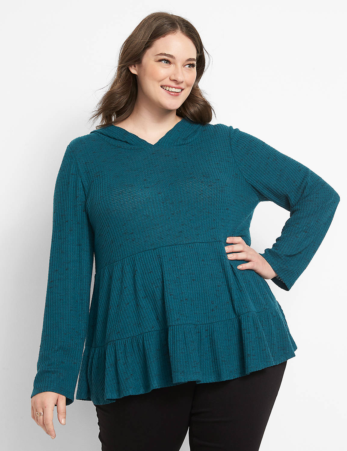 Long Sleeve Hooded Tiered Tunic Knit Top In Waffle Fabric 1123635:PANTONE Deep Teal:10/12 Product Image 1