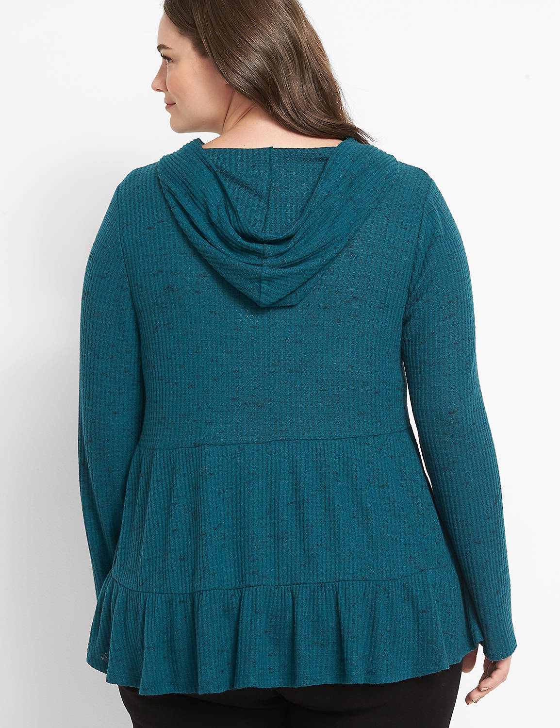 Long Sleeve Hooded Tiered Tunic Knit Top In Waffle Fabric 1123635:PANTONE Deep Teal:10/12 Product Image 2