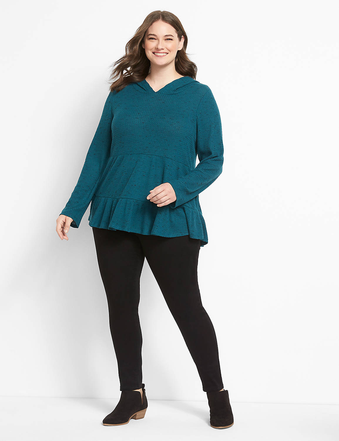 Long Sleeve Hooded Tiered Tunic Knit Top In Waffle Fabric 1123635:PANTONE Deep Teal:10/12 Product Image 3