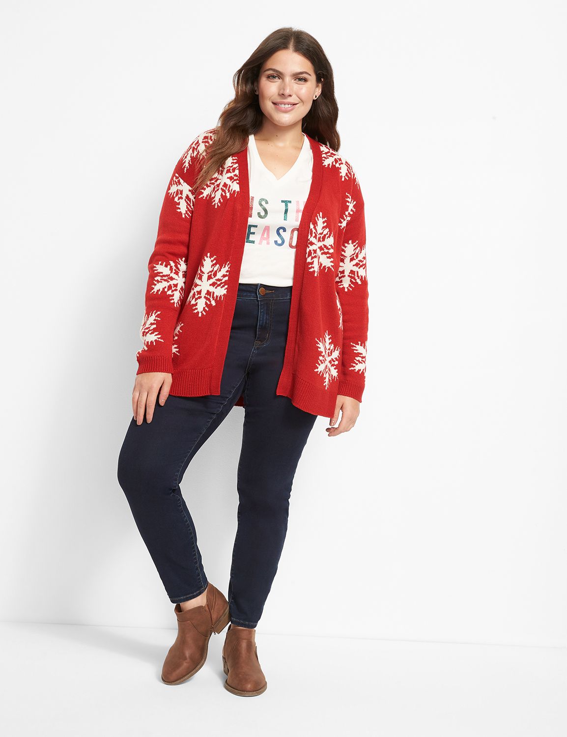 Plus Size Christmas Cardigan, Women's Plus Snowman & Snowflake Print Long  Sleeve Open Front Slight Stretch Cardigan