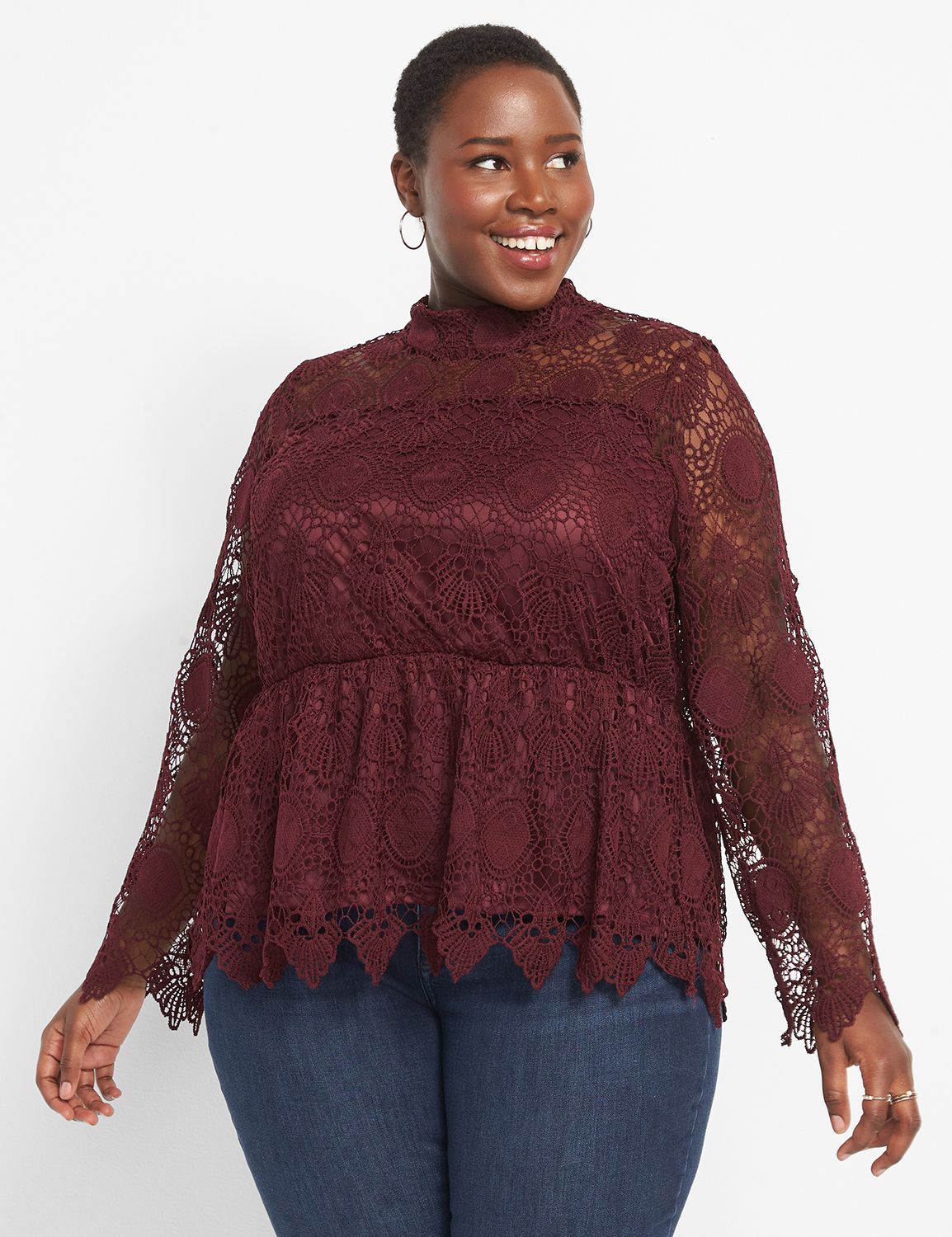 Long Sleeve Mock Neck Lace Peplum 1124642:PANTONE Winetasting:22