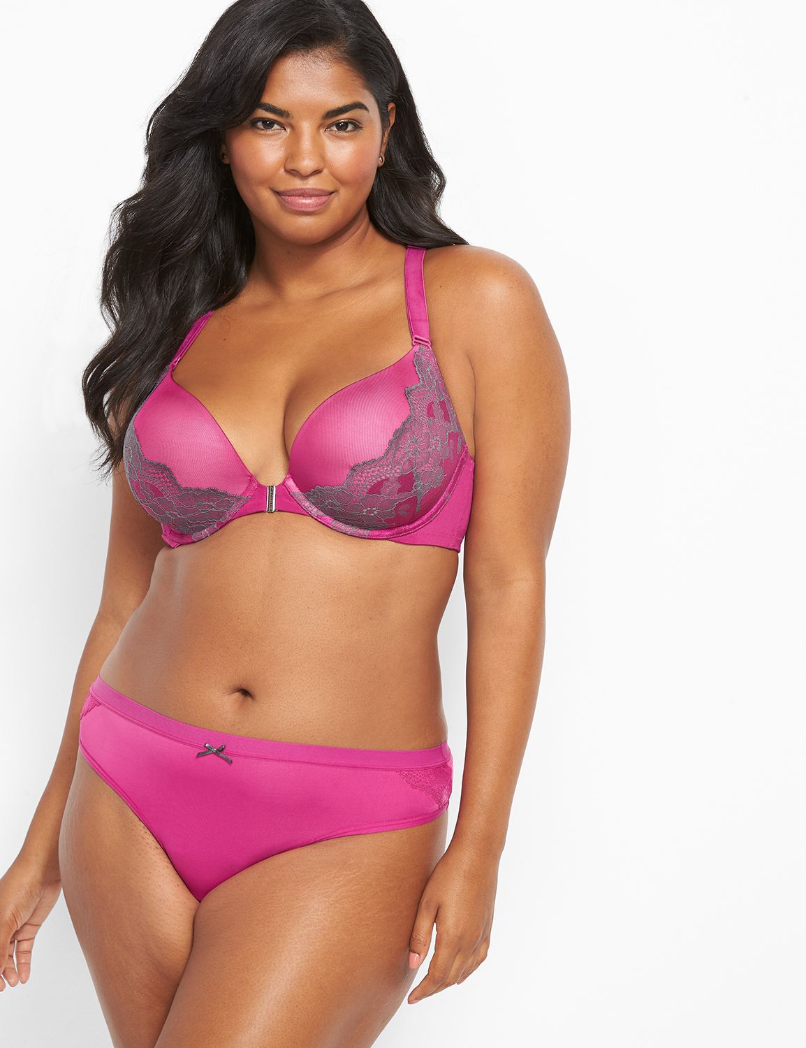 Smooth PU Plunge Front Close Shine Lace 1122790-S:PANTONE Fuchsia Red:34DD Product Image 1
