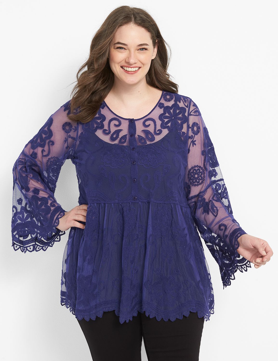 Long Sleeve Crew Neck Peasant Baby Doll Embroidered Mesh 1124644:PANTONE Astral Aura:10/12 Product Image 1