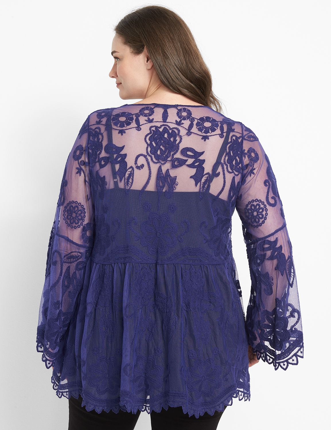Long Sleeve Crew Neck Peasant Baby Doll Embroidered Mesh 1124644:PANTONE Astral Aura:10/12 Product Image 2