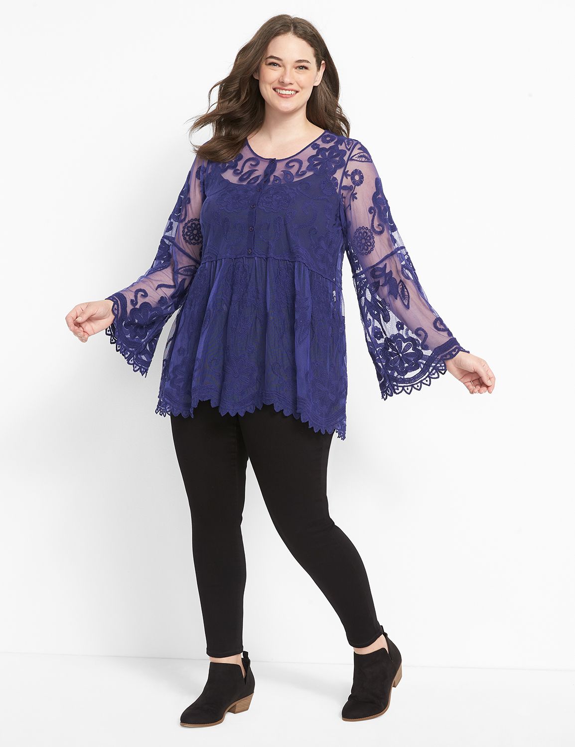 Long Sleeve Crew Neck Peasant Baby Doll Embroidered Mesh 1124644:PANTONE Astral Aura:10/12 Product Image 3